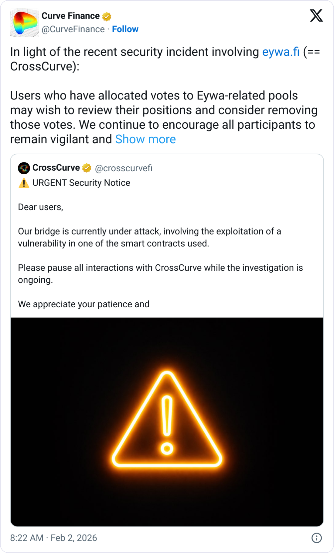 El protocolo de criptomonedas CrossCurve ha estado bajo ataque; según se informa, se han explotado 3 millones de dólares El protocolo de criptomonedas CrossCurve ha estado bajo ataque; según se informa, se han explotado 3 millones de dólares