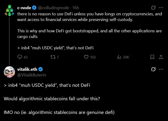 Vitalik estableció una distinción entre las "DeFi reales" y las stablecoins centralizadas con rendimiento Vitalik estableció una distinción entre las "DeFi reales" y las stablecoins centralizadas con rendimiento