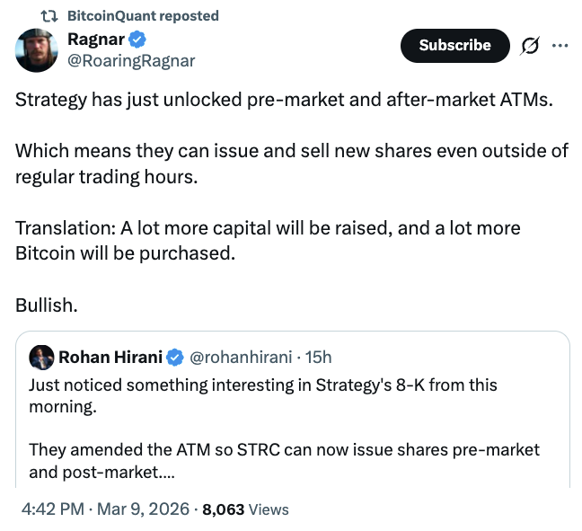 Strategy registró su mayor día de emisión de STRC con una compra estimada de 1.420 BTC Strategy registró su mayor día de emisión de STRC con una compra estimada de 1.420 BTC